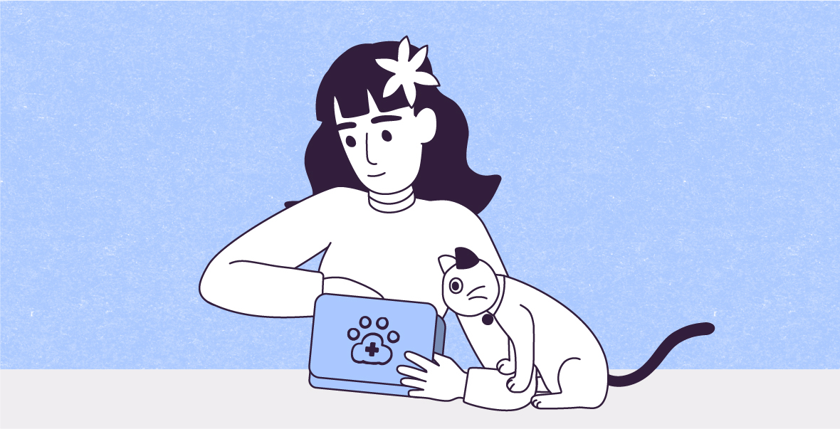 A vector illustration on a Night Snow Blue paper-textured rectangle with a smaller off-white rectangle in the bottom, of Lily: a slim, white-skinned, female-presenting woman with wavy aubergine hair down to her shoulders and a white flower over her left ear, is facing you, leaning her arms on a gray surface while holding a blue box with an icon of a paw with a cross inside it, with her left hand and using her right hand to check the items inside it. Violet is resting her front paws on Lily´s left arm, looking down at the inside of the box. 