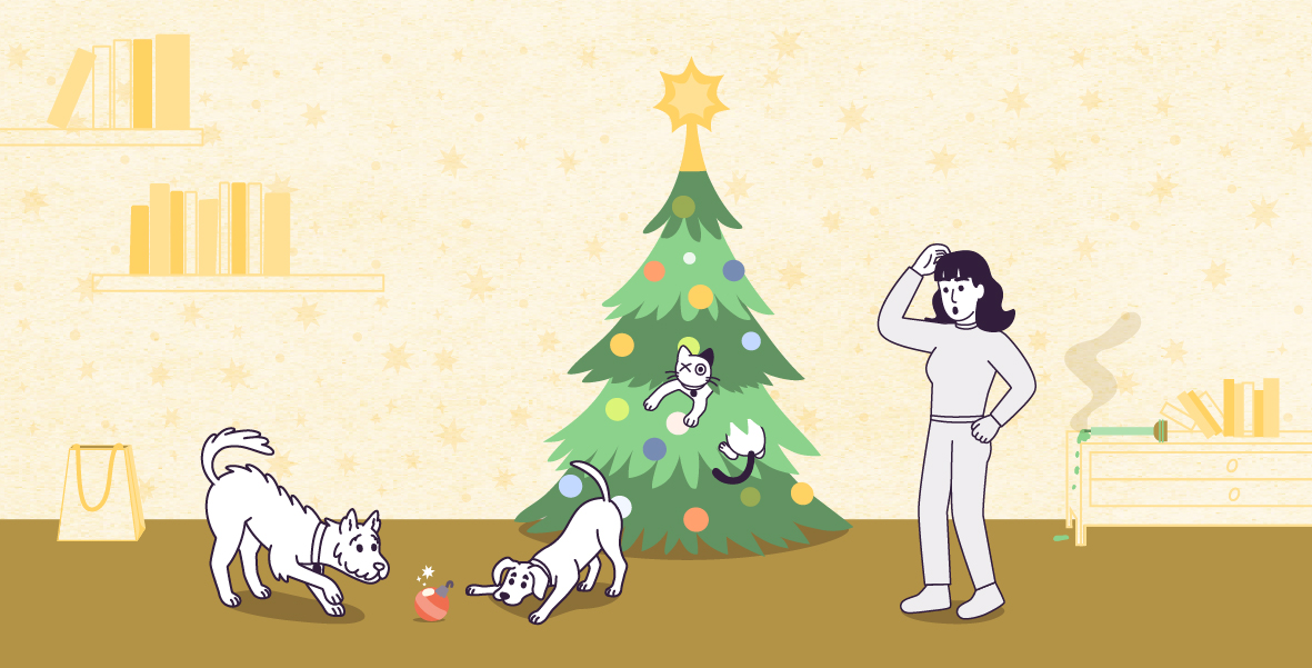 A vector illustration on a large rectangle of Lily, standing on the right, with her right hand on her head and her mouth open. Lily is looking at Clover and Lilac, to her left, who are playing with a Christmas ball ornament. In the center, Violet climbs into the Christmas tree and faces you among the colorful decorations. Behind Lily, on the right, a candle has been knocked over on a piece of furniture.