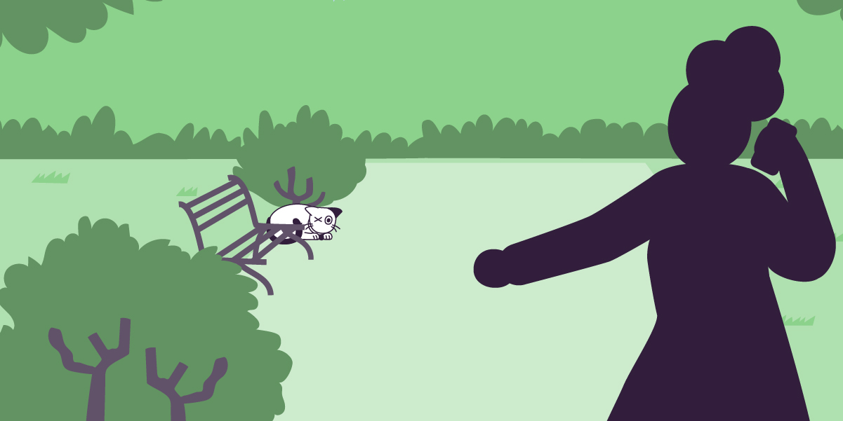 A vector illustration in a large horizontal rectangle with a light green rectangle at the bottom and a smaller green rectangle at the top. Above the light green rectangle lies a wall of dark green bushes. On the left side of the light green rectangle is a dark gray bench with two dark green bushes on each side. Violet, a medium-sized, white-furred cat with only her left eye; Her left ear and tail are aubergine, is lying on the floor, between the bench and a dark green bush, with her head resting on her paws. In the right foreground is a purple aubergine silhouette of a female figure holding a phone in her left hand and pointing to Violet. 