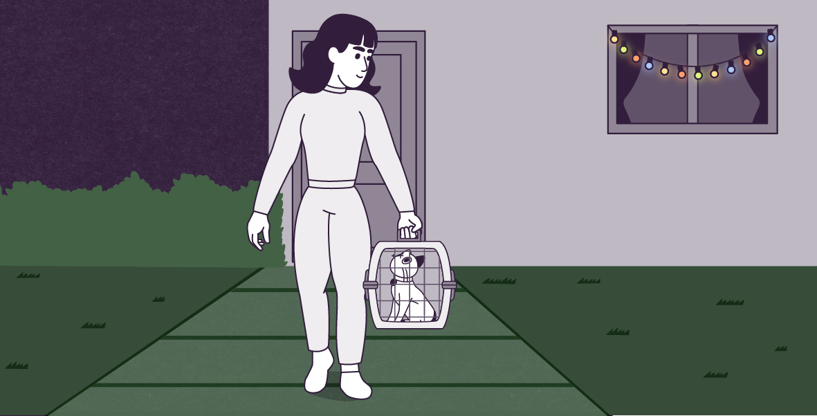 A vector illustration on a large rectangle of Lily and Violet coming out of the house into the front yard at night. In the window of the house are colorful Christmas lights. Violet is in a pet carrier, looking at Lily. Lily is walking with the pet carrier in her left hand, looking down and smiling at Violet.