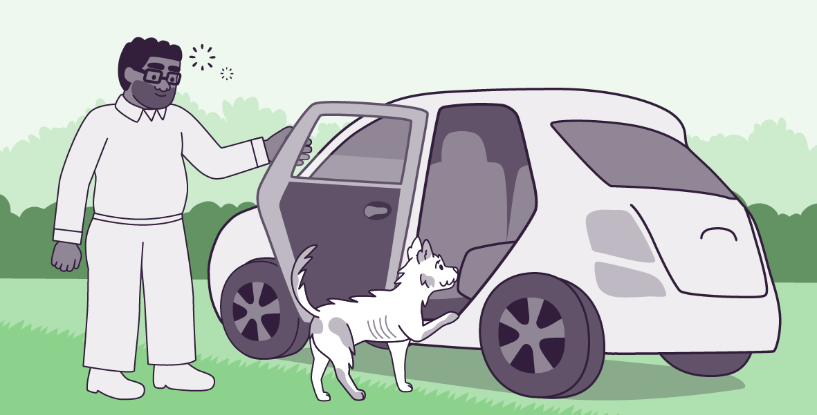 A vector illustration in a large horizontal rectangle, of Clover and Oliver, in green grass with dark green bushes in the background and a light blue sky. Oliver is holding the back door of an off-white car with his left hand, smiling with two circular ray shapes next to his head. Clover is standing next to the back seat of the car, with his right paw on the car and his tail up.