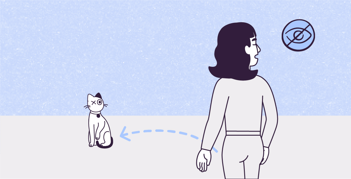 A vector illustration on a Light Night Snow blue paper-textured rectangle with an Off-White rectangle at the bottom, shows Lily walking towards Violet, sitting at her left, facing her with her left paw in the air and her tail around her legs on the floor. On the floor, a dashed arrow describes a concave curve from Lily´s left foot to Violet´s right. Lily’s face is facing away from Violet, her mouth is open, and her visible eye is closed.  A Night snow blue icon on the top right corner of the image shows an eye crossed out by a diagonal line.