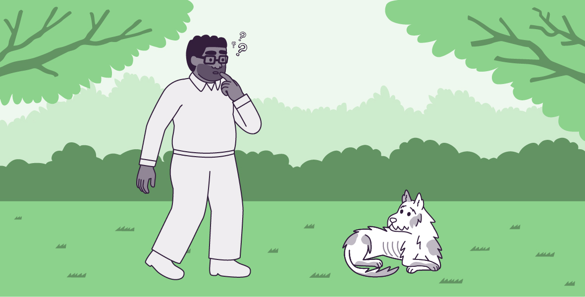 A vector illustration in a large horizontal rectangle, of Clover and Oliver, a medium-tall, large, dark grey-skinned, male-presenting man with short, curly, aubergine hair, a beard, and glasses, standing in green grass with light green trees in the background and a light green sky. Clover is sitting in the same position, looking at Oliver. Oliver is on the left, walking towards Clover, with his mouth open, the index finger of his left hand on his lips, and three question marks of different sizes over his head. 