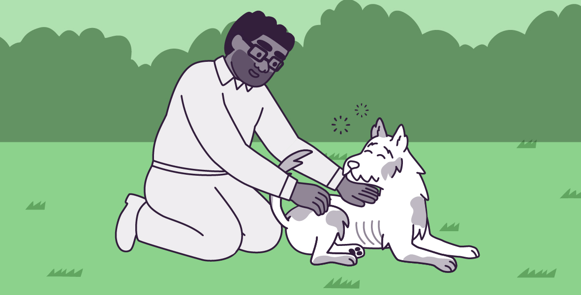 A vector illustration in a large horizontal rectangle, of Clover and Oliver, in green grass with light green bushes in the background. Oliver is kneeling next to Clover, to his left, petting him and smiling. Clover is sitting in the same position, facing left, looking at Oliver, with two shapes of circular rays above his head. 