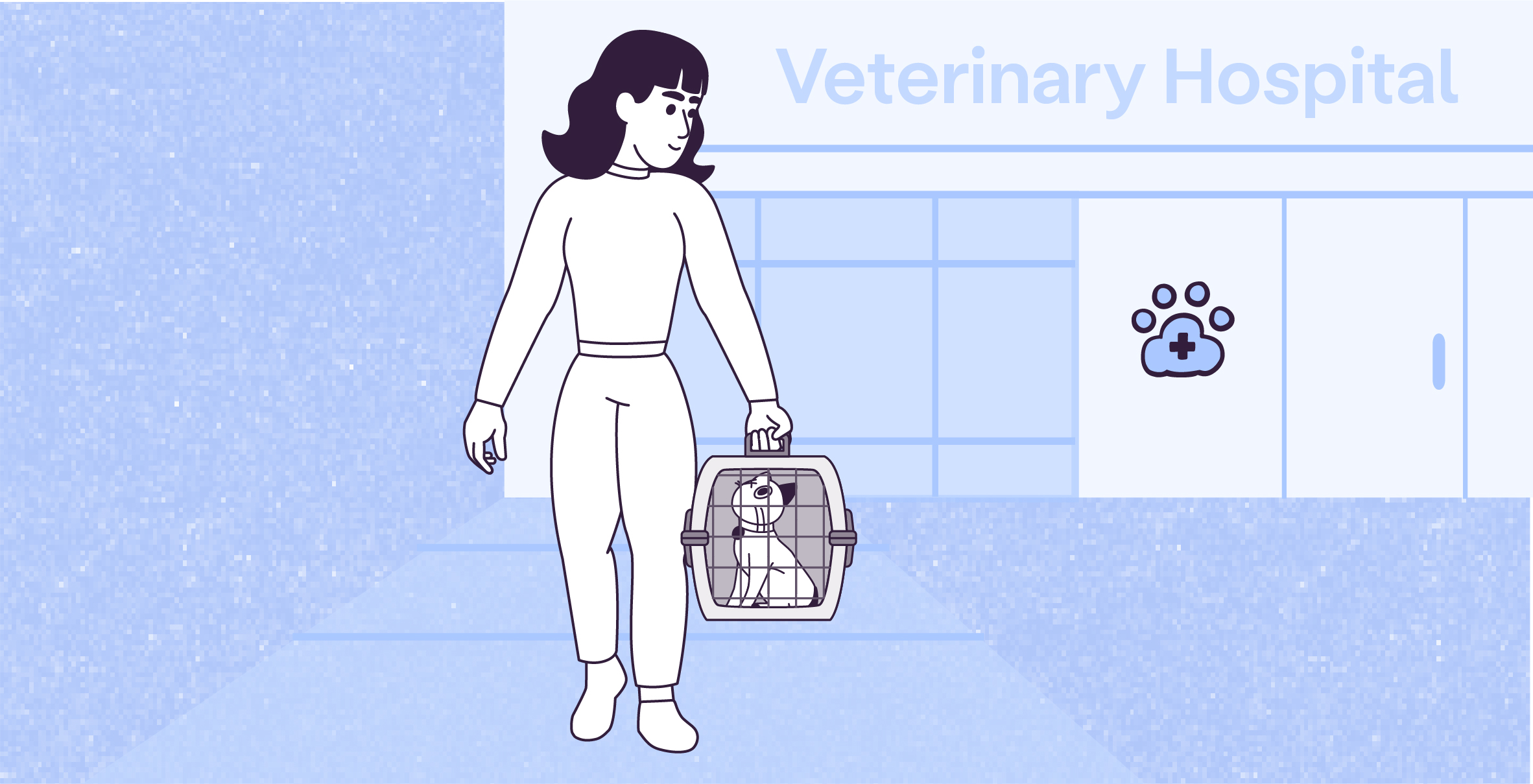 A vector illustration on a night snow blue paper-textured rectangle of Lily, facing you, walking from a Veterinary Hospital behind her.  The Veterinary Hospital is white light snow blue, with light night snow blue windows and a cross inside a paw icon on the front door. Lily is carrying a pet box with her left hand, where Violet sits and looks upwards. Lily looks at Violet and smiles. 