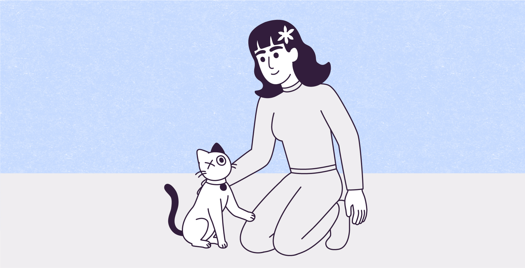 A vector illustration on a Light Night Snow blue paper-textured rectangle with an Off-White rectangle at the bottom, shows Lily kneeling, facing, and looking at Violet at her left. Violet sits with a paw on Lily´s right leg, and her tail is up and wavy. Lily is petting Violet with her right hand on her back and smiles.