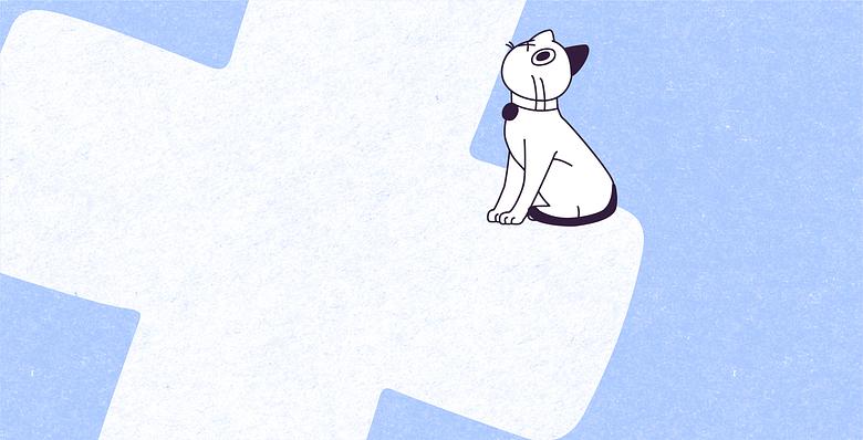 A vector illustration on a large rectangle of a white paper-textured cross, on a night snow blue paper-textured background, where Violet, a medium-sized cat with white fur and only her left eye; Her left ear and tail are aubergine, is sitting on the right, looking up with her eye open and her tail around her legs, facing up and left to the cross shape. 
