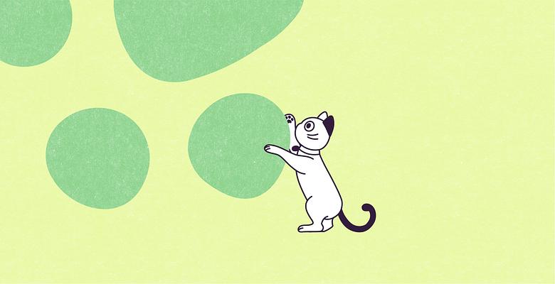 A vector illustration of Violet on a light lime green rectangle. Violet is a medium-sized cat with white fur and only her left eye. Her left ear and tail are aubergine. She is standing, facing left, with her front paws on a paper-textured green paw shape in the upper left corner of the rectangle.